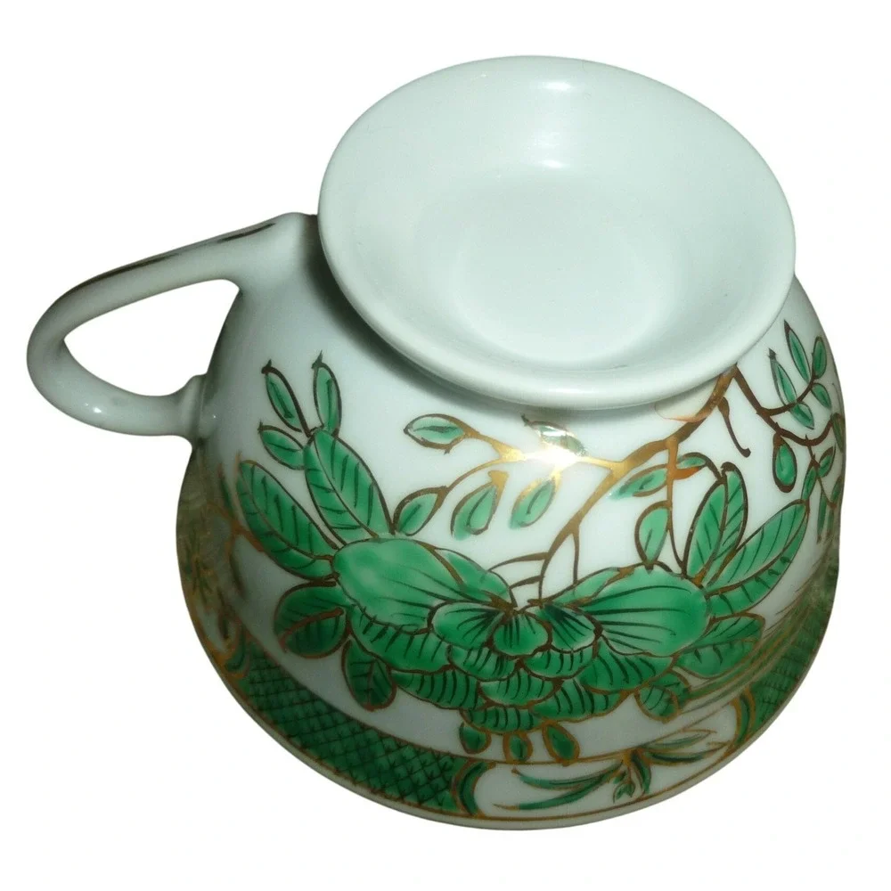 Vintage Chinese Famille Verte Style Teacup & Saucer Green Phoenix Bird Gold Gilt